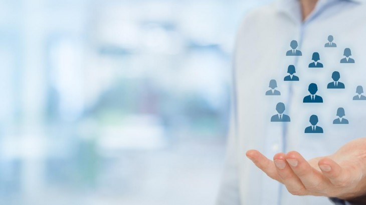 Human resources pool, customer care, care for employees, labor union, life insurance, employment agency and marketing segmentation concepts. Gesture of businessman or personnel and icons representing group of people. Wide banner composition, office in background.
