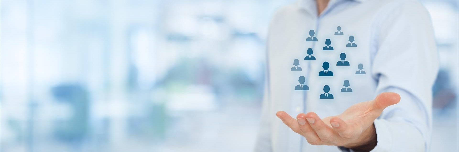 Human resources pool, customer care, care for employees, labor union, life insurance, employment agency and marketing segmentation concepts. Gesture of businessman or personnel and icons representing group of people. Wide banner composition, office in background.